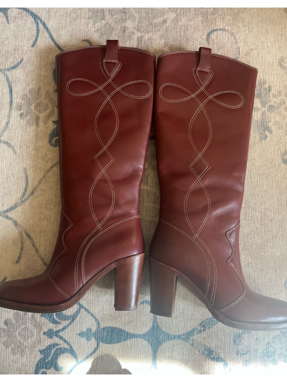 FRYE AND CO. Corinne Tall Deco Stitch Burgundy Leather Knee-High Heeled Boots - Picture 7 of 10